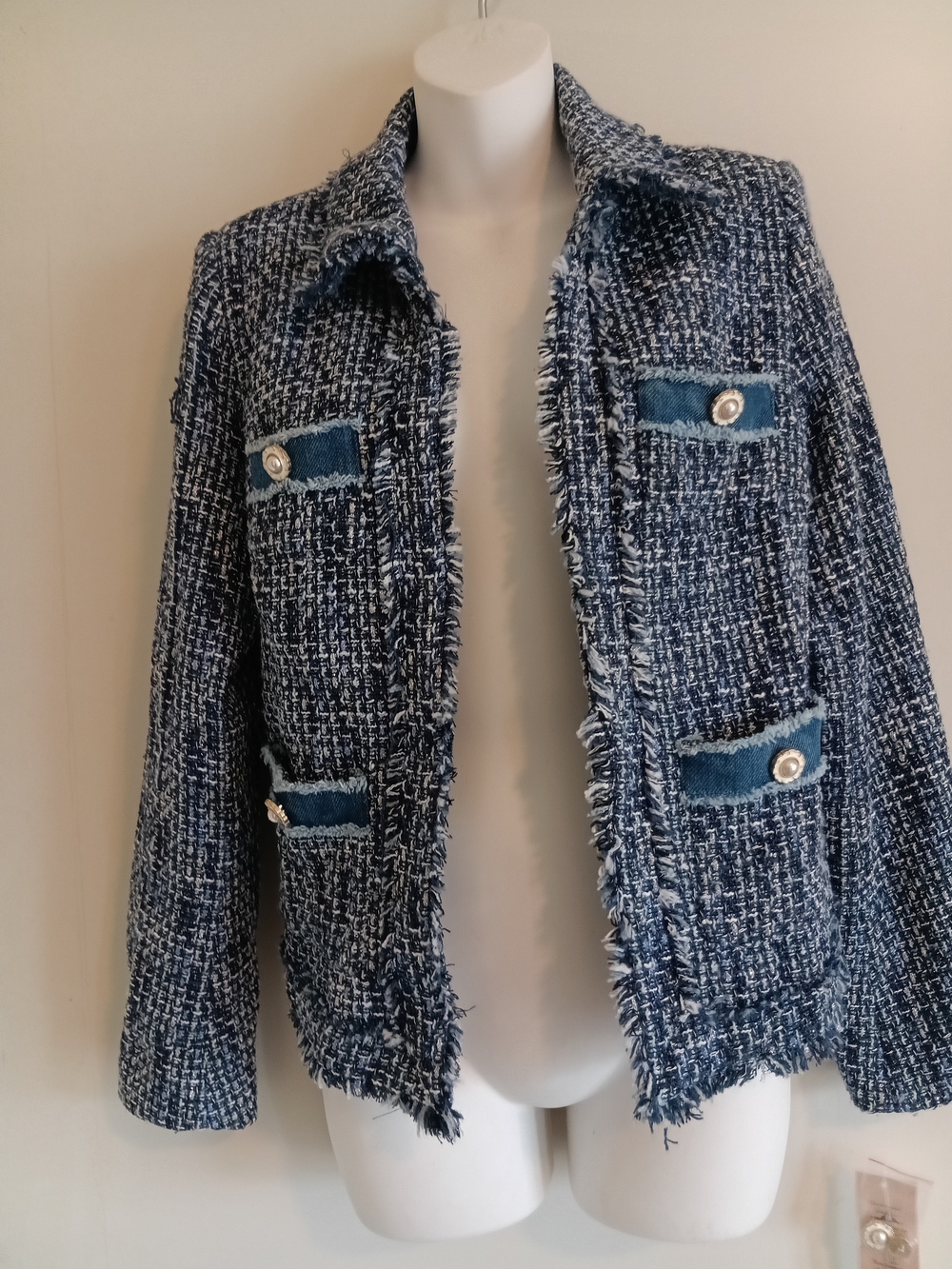 Nanette Lepore Navy & White Tweed Fringe Jacket